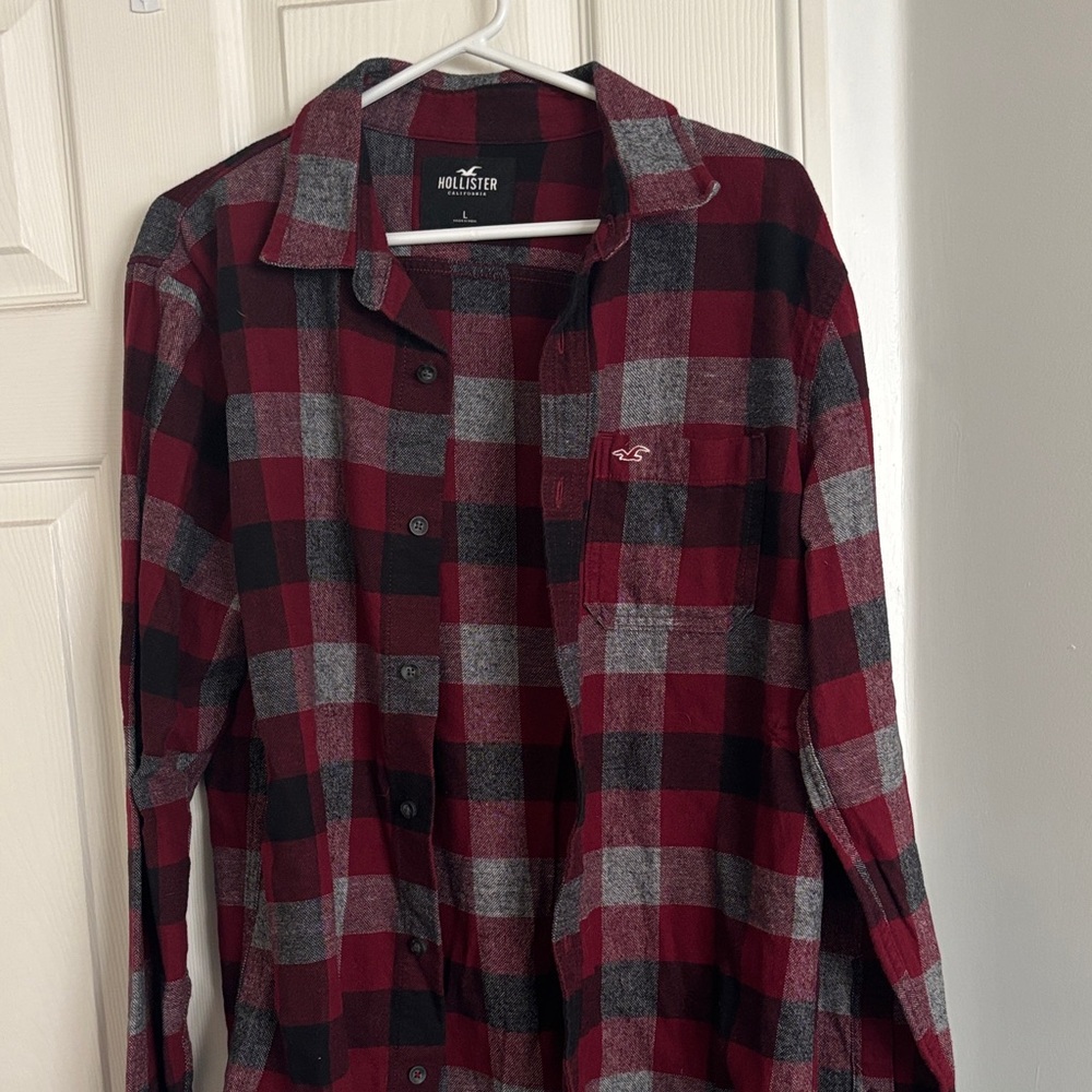 Hollister Burgundy and Charcoal Checkered Shirt